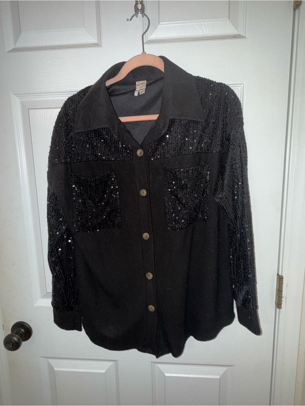 7th Ray Black Sequin-Embellished Button Front Blouse